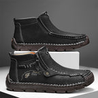 Men's Top-Quality Motorcycle Boots Hand-Stitched Genuine Leather Boots-Wide Toe, Waterproof, Anti-Slip, Anti-Sprain, Suitable for Work, Driving, Hiking