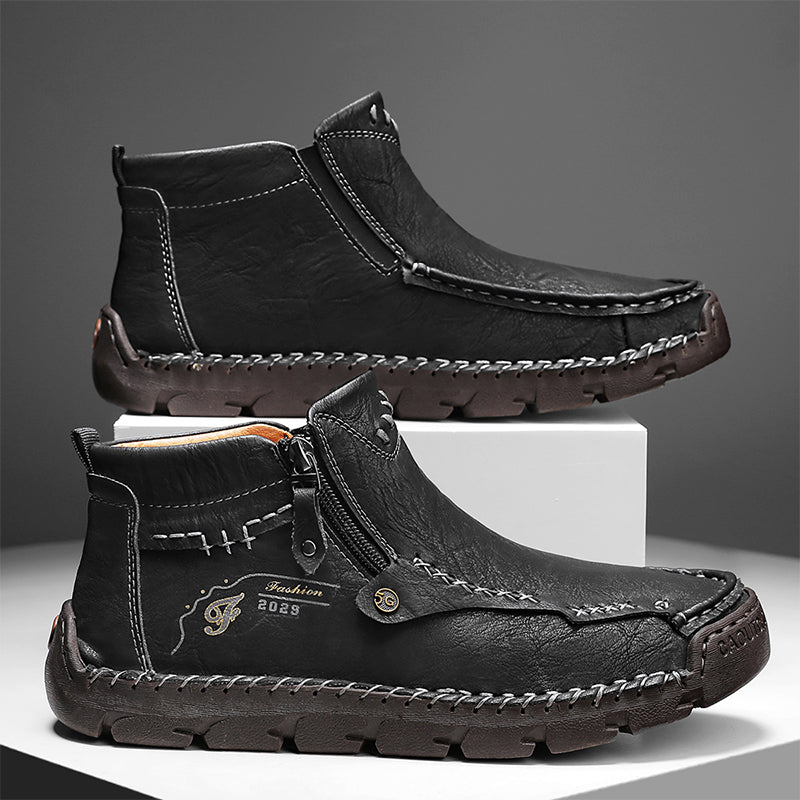 Men's Top-Quality Motorcycle Boots Hand-Stitched Genuine Leather Boots-Wide Toe, Waterproof, Anti-Slip, Anti-Sprain, Suitable for Work, Driving, Hiking