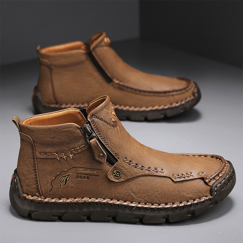 Men's Top-Quality Motorcycle Boots Hand-Stitched Genuine Leather Boots-Wide Toe, Waterproof, Anti-Slip, Anti-Sprain, Suitable for Work, Driving, Hiking