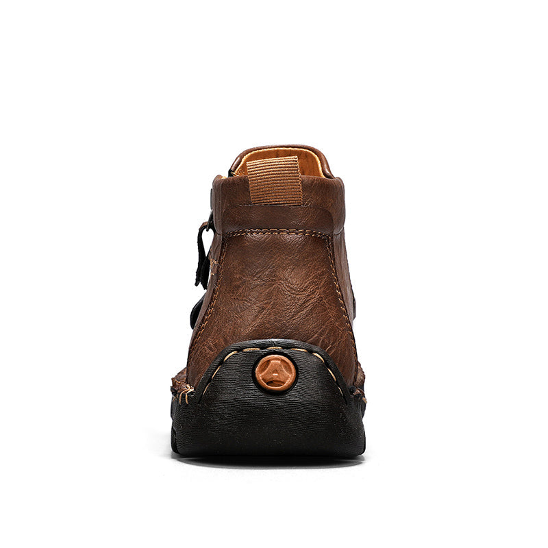 Men's Top-Quality Motorcycle Boots Hand-Stitched Genuine Leather Boots-Wide Toe, Waterproof, Anti-Slip, Anti-Sprain, Suitable for Work, Driving, Hiking