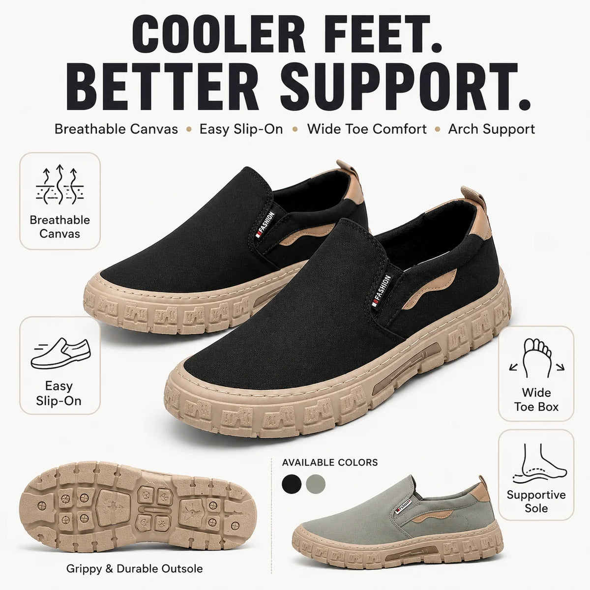 Men's Canvas Loafer | Walking, Slip-ins, Air-Cooled Goga Mat, Machine Washable, Bungee Lace