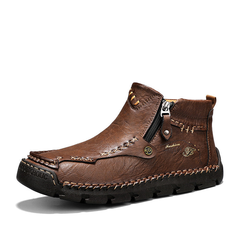 Men's Top-Quality Motorcycle Boots Hand-Stitched Genuine Leather Boots-Wide Toe, Waterproof, Anti-Slip, Anti-Sprain, Suitable for Work, Driving, Hiking
