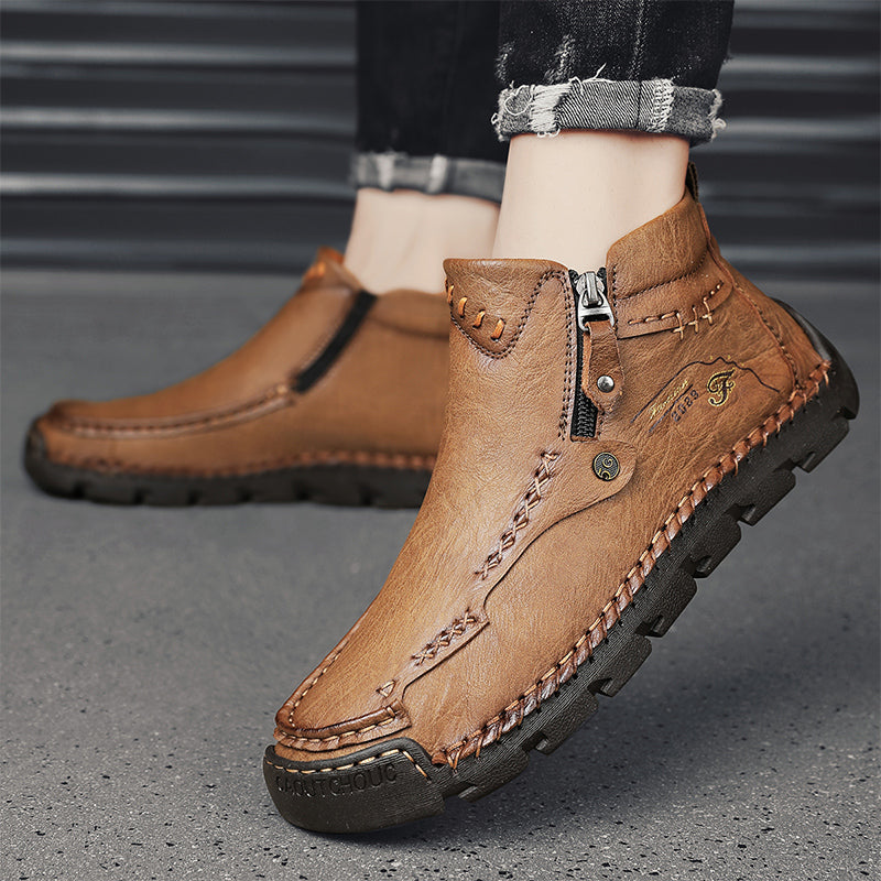Men's Top-Quality Motorcycle Boots Hand-Stitched Genuine Leather Boots-Wide Toe, Waterproof, Anti-Slip, Anti-Sprain, Suitable for Work, Driving, Hiking