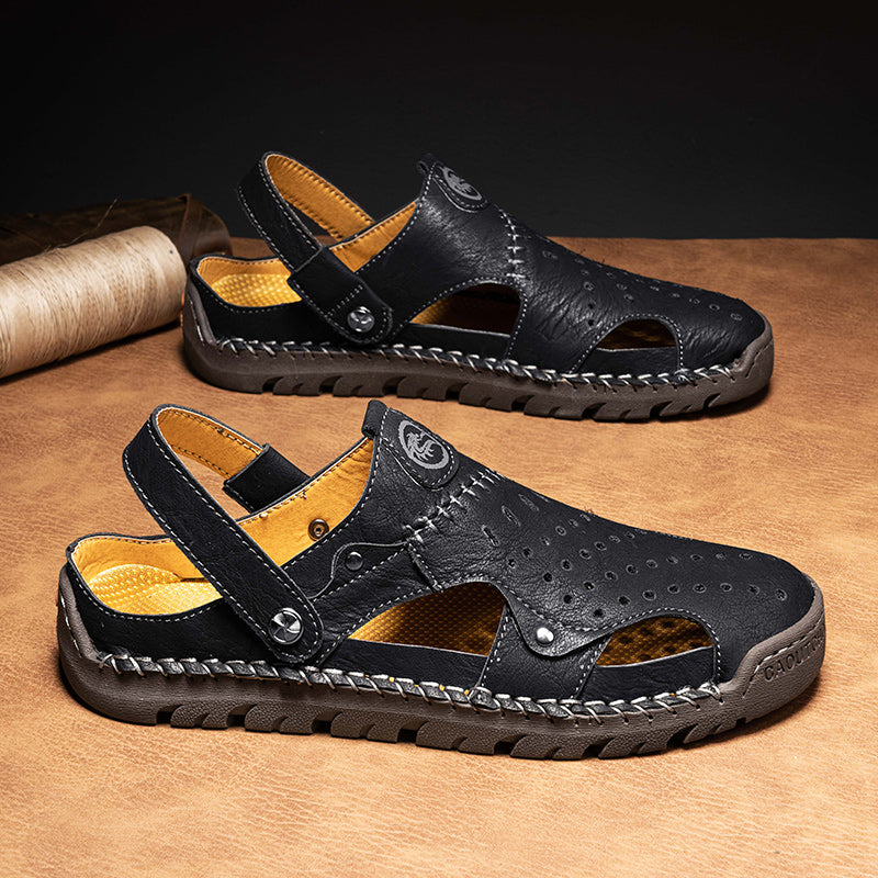 (⏰Limited Time Sale 70% OFF🔥)Men's Full-Grain Leather Sandals – Closed-Toe, Adjustable for Fishing & Gardening