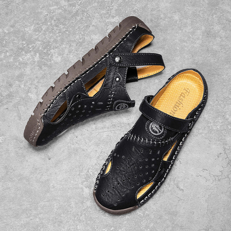 (⏰Limited Time Sale 70% OFF🔥)Men's Full-Grain Leather Sandals – Closed-Toe, Adjustable for Fishing & Gardening