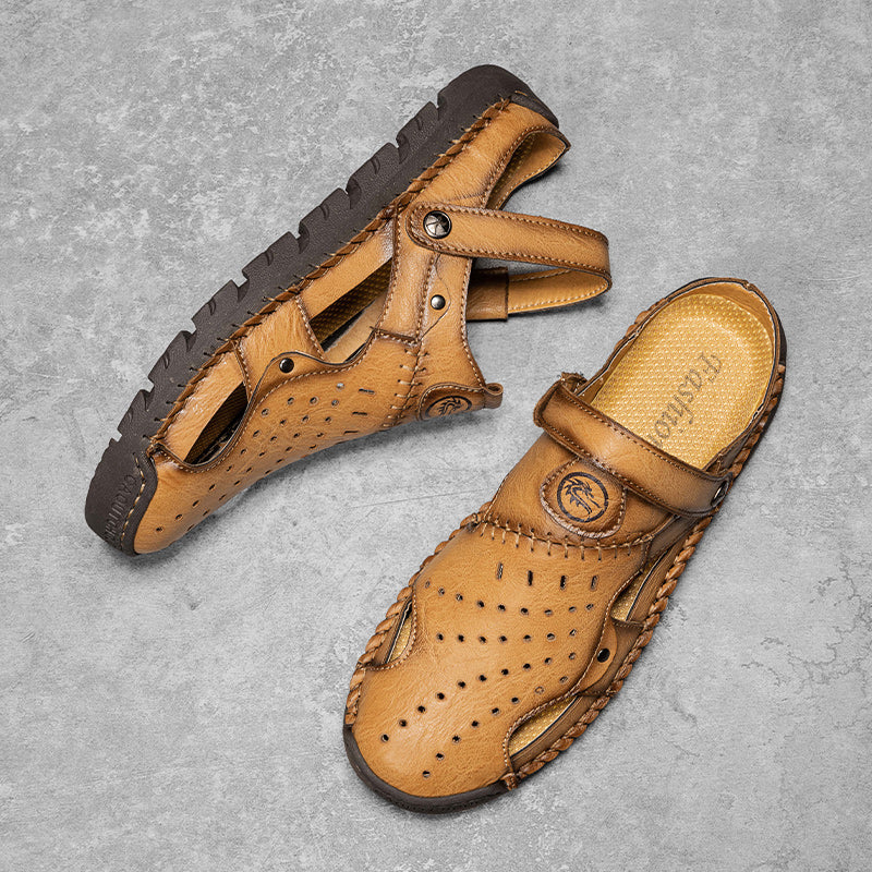 (⏰Limited Time Sale 70% OFF🔥)Men's Full-Grain Leather Sandals – Closed-Toe, Adjustable for Fishing & Gardening