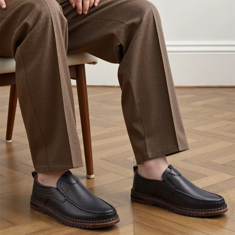 Slip-On Genuine Leather Loafers: Breathable Soft Calfskin, Cloud Cushion Sole for Driving & Business Casual