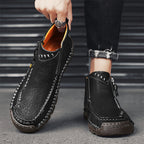 Men's Top-Quality Motorcycle Boots Hand-Stitched Genuine Leather Boots-Wide Toe, Waterproof, Anti-Slip, Anti-Sprain, Suitable for Work, Driving, Hiking