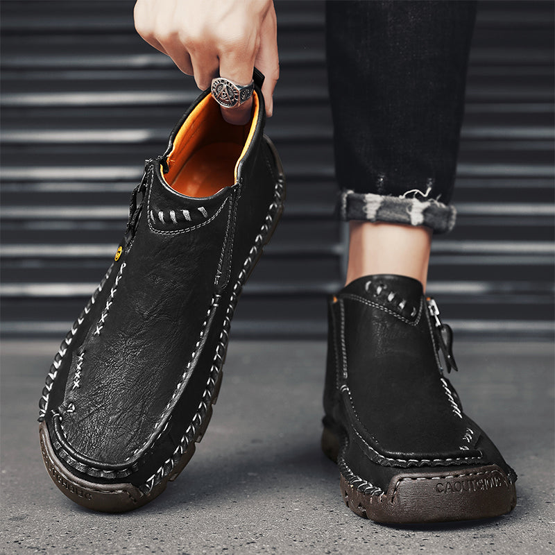 Men's Top-Quality Motorcycle Boots Hand-Stitched Genuine Leather Boots-Wide Toe, Waterproof, Anti-Slip, Anti-Sprain, Suitable for Work, Driving, Hiking
