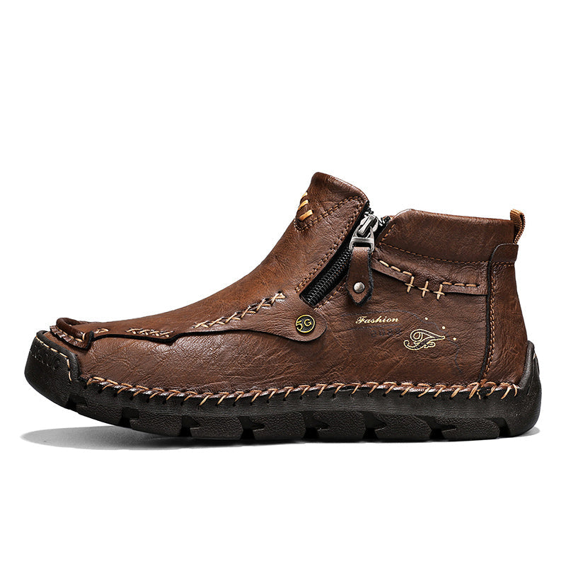 Men's Top-Quality Motorcycle Boots Hand-Stitched Genuine Leather Boots-Wide Toe, Waterproof, Anti-Slip, Anti-Sprain, Suitable for Work, Driving, Hiking