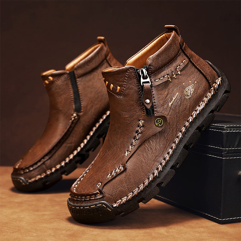 Men's Top-Quality Motorcycle Boots Hand-Stitched Genuine Leather Boots-Wide Toe, Waterproof, Anti-Slip, Anti-Sprain, Suitable for Work, Driving, Hiking