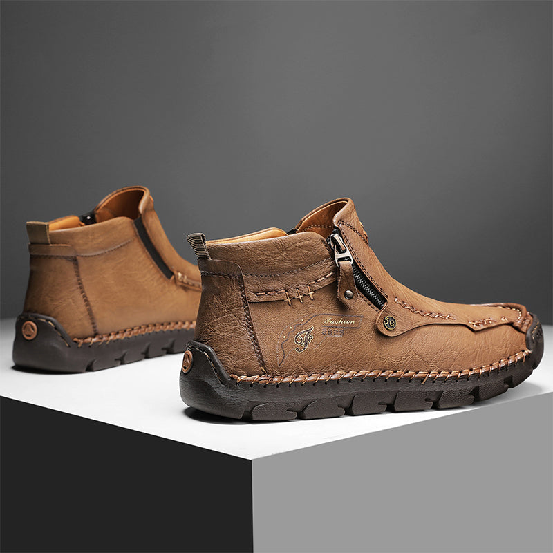Men's Top-Quality Motorcycle Boots Hand-Stitched Genuine Leather Boots-Wide Toe, Waterproof, Anti-Slip, Anti-Sprain, Suitable for Work, Driving, Hiking