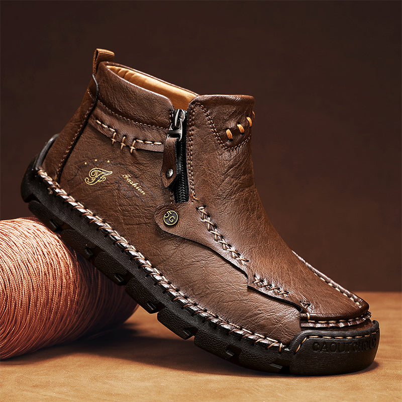 Men's Top-Quality Motorcycle Boots Hand-Stitched Genuine Leather Boots-Wide Toe, Waterproof, Anti-Slip, Anti-Sprain, Suitable for Work, Driving, Hiking