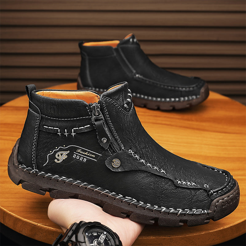 Men's Top-Quality Motorcycle Boots Hand-Stitched Genuine Leather Boots-Wide Toe, Waterproof, Anti-Slip, Anti-Sprain, Suitable for Work, Driving, Hiking