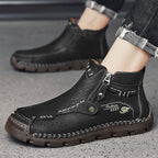 Men's Top-Quality Motorcycle Boots Hand-Stitched Genuine Leather Boots-Wide Toe, Waterproof, Anti-Slip, Anti-Sprain, Suitable for Work, Driving, Hiking
