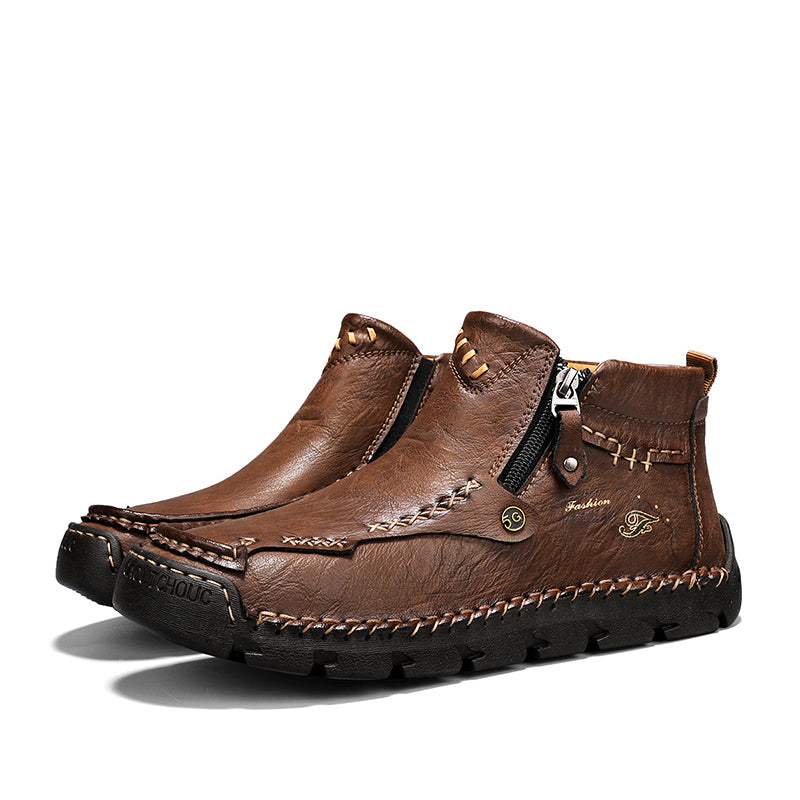 Men's Top-Quality Motorcycle Boots Hand-Stitched Genuine Leather Boots-Wide Toe, Waterproof, Anti-Slip, Anti-Sprain, Suitable for Work, Driving, Hiking
