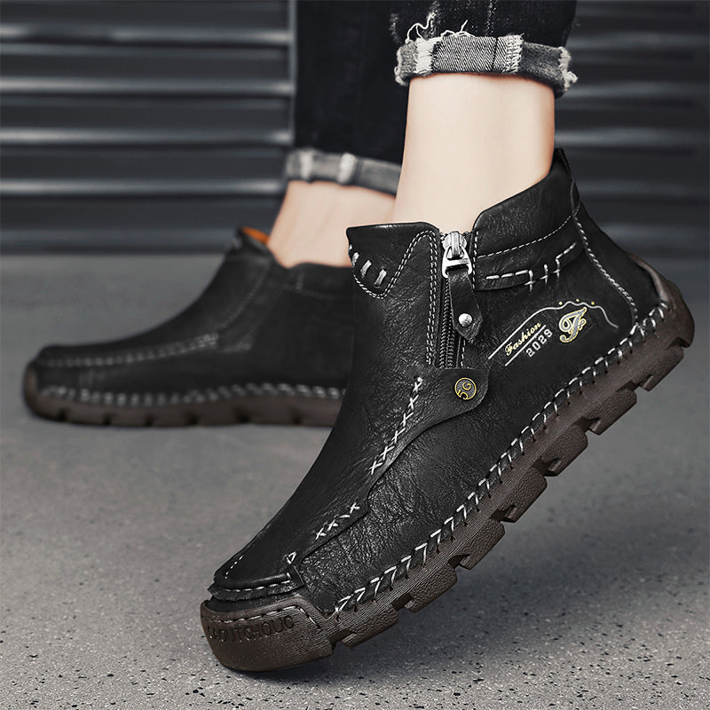 Men's Top-Quality Motorcycle Boots Hand-Stitched Genuine Leather Boots-Wide Toe, Waterproof, Anti-Slip, Anti-Sprain, Suitable for Work, Driving, Hiking