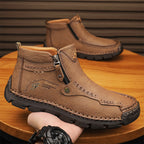 Men's Top-Quality Motorcycle Boots Hand-Stitched Genuine Leather Boots-Wide Toe, Waterproof, Anti-Slip, Anti-Sprain, Suitable for Work, Driving, Hiking
