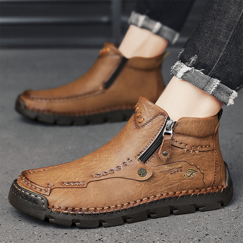 Men's Top-Quality Motorcycle Boots Hand-Stitched Genuine Leather Boots-Wide Toe, Waterproof, Anti-Slip, Anti-Sprain, Suitable for Work, Driving, Hiking