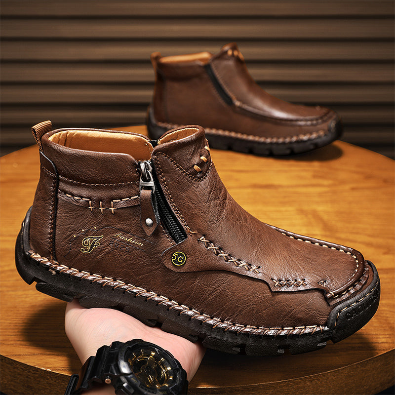 Men's Top-Quality Motorcycle Boots Hand-Stitched Genuine Leather Boots-Wide Toe, Waterproof, Anti-Slip, Anti-Sprain, Suitable for Work, Driving, Hiking