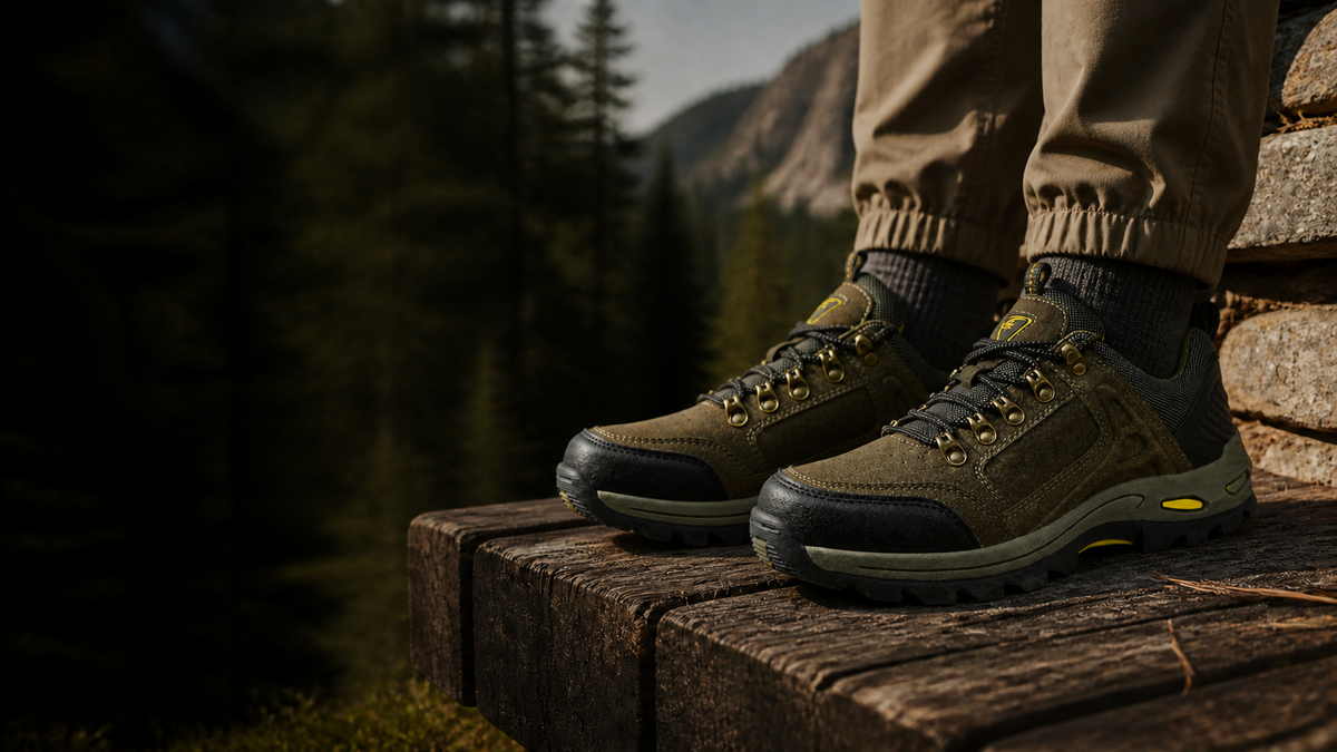 Trekstead trail shoes worn on feet at a mountain trailhead